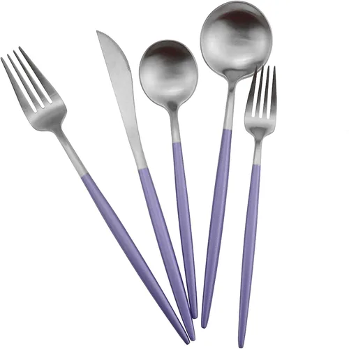 Juego de cubiertos de lujo, 20 piezas de acero inoxidable 18/10 con mango morado mate para 4 personas, incluyendo tenedores, cucharas, cuchillos,