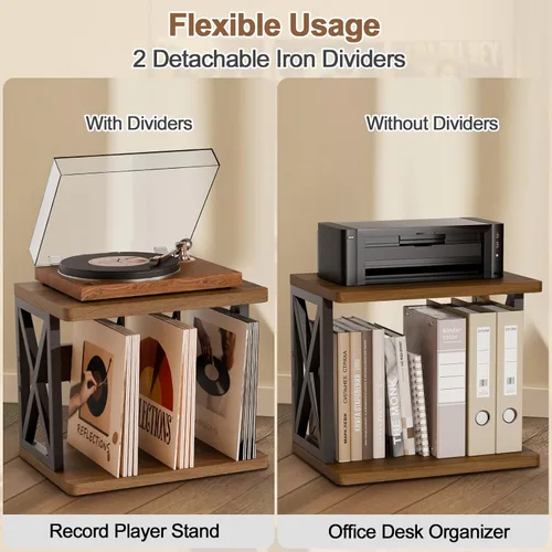 Miniatura 7 de Soporte para discos de vinilo de 80 a 100 libras, soporte de vinilo apilable, soporte para tocadiscos de 2 niveles, soporte giratorio de madera