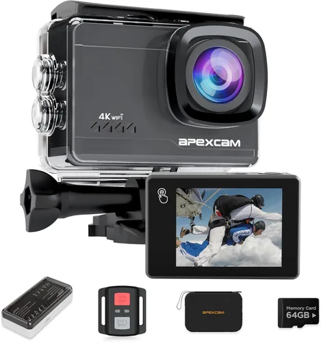 Apexcam M90 Cámara de Acción con Tarjeta de 64GB Cámara de Acción 4K60FPS 64MP WiFi EIS Estabilización de Imagen con Pantalla Táctil Cámara