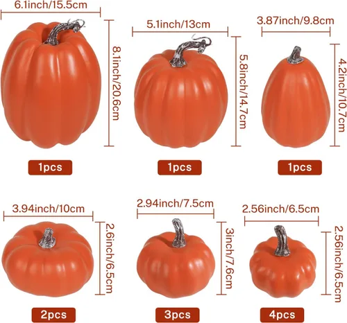 Miniatura 2 de Artmag Paquete de 12 calabazas artificiales de color naranja de varios tamaños, calabazas falsas grandes para otoño, Acción de Gracias, Halloween
