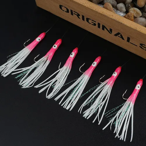 Miniatura 7 de Juego de aparejos de cebo de pesca para agua salada, 6 paquetes de señuelos de cebo de calamar, aparejos de pesca de surf con gancho de falda