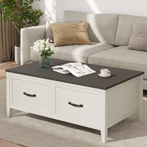 Miniatura 3 de Crestlive Products Mesa auxiliar de granja, mesa central de madera con bisagras de 43 pulgadas, mesa de centro rústica con gran almacenamiento