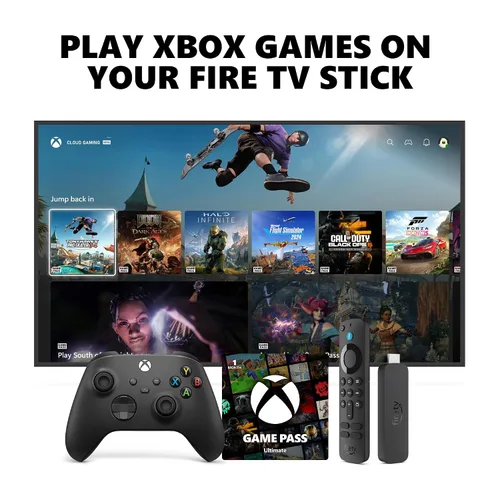 Xbox Wireless Controller (2025) Carbon Black + Fire TV Stick 4K Game Pass Ultimate 1 Month - Gaming Bundle, Windows, Mobile & Smart TVs