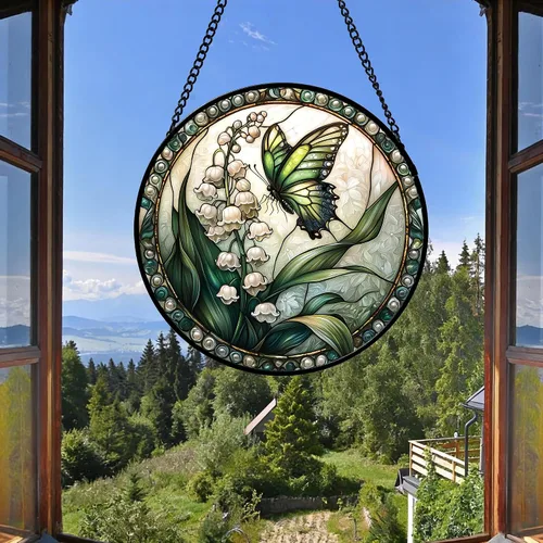Miniatura 7 de DASTOLL Colgante de vidrio emplomado para ventana, diseño de lirio del valle, mariposa, atrapasol para puertas, hogar, atrapasoles decoración