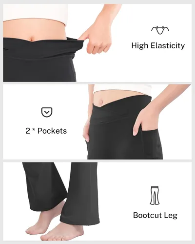 Miniatura 6 de HASMES Leggings acampanados para niñas con bolsillos, parte inferior acampanada, cintura alta, pantalones de yoga para danza, ropa deportiva