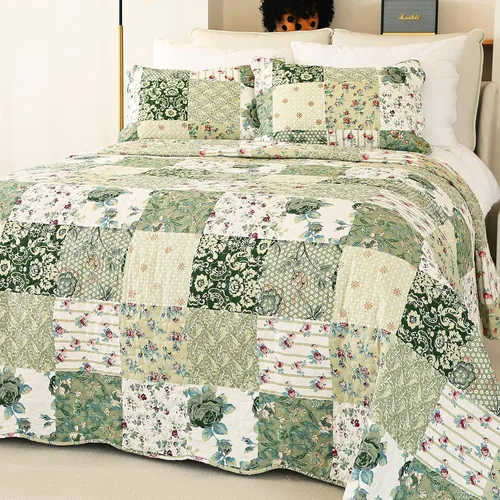 Miniatura 18 de Cmfshape - Juego de edredón de verano floral King acolchado, juego de edredón rosa romántico King, juego de ropa de cama reversible cosido para Rosa
