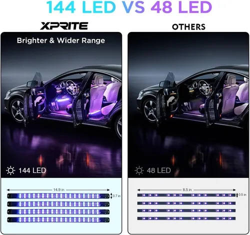 Miniatura 4 de Xprite Luces interiores de auto RGB mejoradas de 144 LED con control de aplicación inteligente/control remoto inalámbrico, modo de sincronización