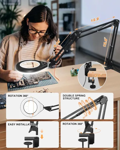 Miniatura 6 de Lupa 10X y 5X con luz LED, brazo oscilante ultra largo, 5 colores y 10 de brillo, lente de cristal real, lámpara de aumento grande para Blanco