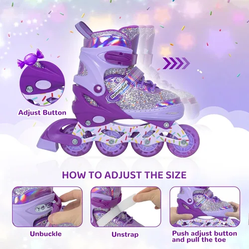 Miniatura 2 de Mammygol Patines en línea para niñas y niños, 4 tamaños ajustables para niñas de 3 a 12 años con ruedas iluminadas y protección de seguridad, regalo