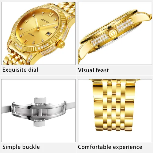 Miniatura 37 de BINLUN Reloj de pulsera para hombre, mecánico automático, reloj dorado con cuerda automática, elegante, chapado en oro de 18 quilates, relojes