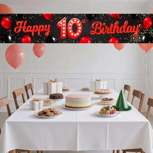Miniatura 7 de Cartel de feliz cumpleaños número 10 color rojo y negro, globos para decoración temática para patio, jardín, niñas, mujeres, princesas, decoraciones