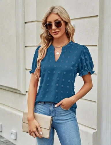 Miniatura 2 de Blooming Jelly Blusas de verano con mangas abombadas para mujer, blusas de gasa de manga corta con cuello en V blanco, camisas con pompones