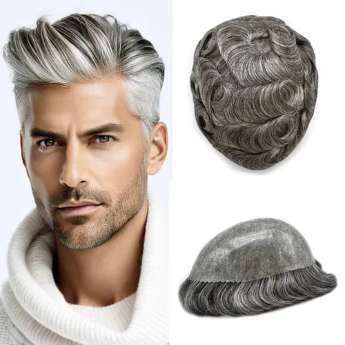 Miniatura 71 de Peluca completa de poliuretano para hombre, sistemas de reemplazo de cabello humano, piel fina y duradera, para hombre, prótesis de cabello