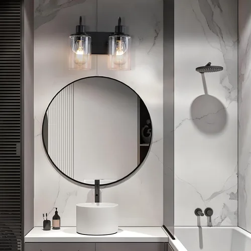 Miniatura 4 de Lámpara de baño negra mate sobre espejo, lámpara de tocador de baño de 2 luces con pantalla de vidrio transparente, apliques de pared modernos