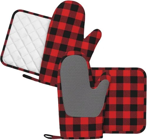 Miniatura 2 de Manoplas de horno y soportes para ollas a cuadros de búfalo negro y rojo, juego de 4 piezas, guantes de horno de silicona a cuadros negros y rojos