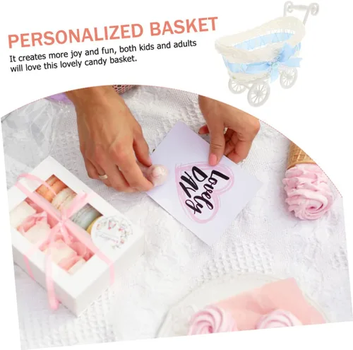 Miniatura 4 de 2 cestas tejidas de ratán de imitación, lindo carrito de almacenamiento de dulces para fiestas, duchas y decoración para golosinas y juguetes