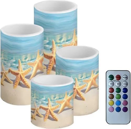 Miniatura 9 de Velas LED parpadeantes operadas por batería, juego de 4 con control remoto y temporizador, velas de llama danzante, velas de pilar para mesa, Playa