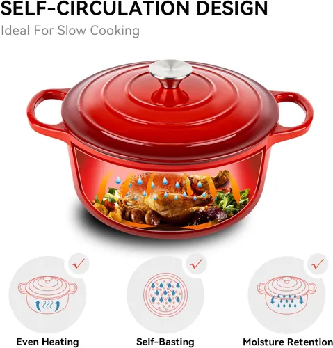 Miniatura 4 de Miereirl Olla holandesa esmaltada de 6 cuartos de galón con tapa, horno holandés de hierro fundido con doble asa para hornear pan, cocinar, Rojo