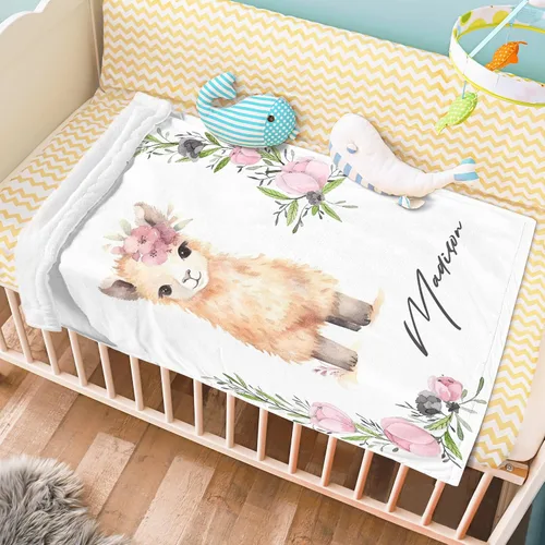 Miniatura 2 de Manta de bebé personalizada con llama, manta de bebé para niña pequeña, manta de bebé floral con nombre que recibe manta de bebé, manta de felpa