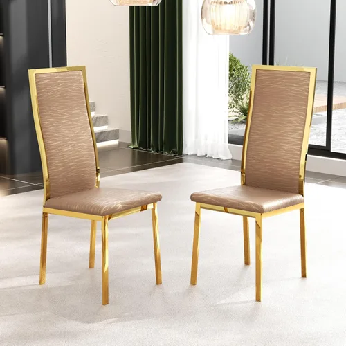 Miniatura 21 de Juego de 4 sillas de comedor modernas, de piel sintética blanca con patas de metal cromado dorado, diseño de respaldo alto curvo y acolchado