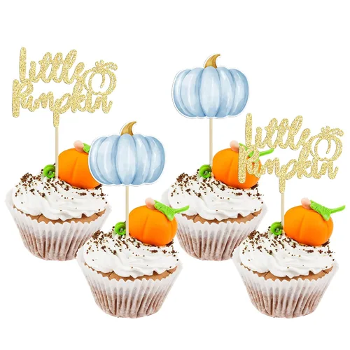 Miniatura 20 de Gyufise 24 piezas de decoración de cupcakes de calabaza con purpurina para temática de otoño, Acción de Gracias, Halloween, baby shower, niños