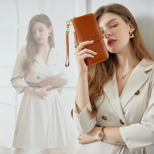 Miniatura 2 de HESHE Cartera de cuero para mujer, tarjetero de gran capacidad, con cremallera alrededor de la cartera plegable