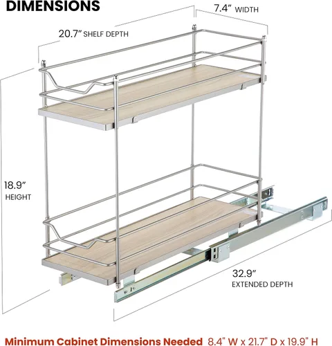 Miniatura 3 de Home Zone Living Organizador extraíble para gabinete de cocina con 2 niveles de almacenamiento para fácil acceso, 7.5"An x 20"Pr, níquel satinado