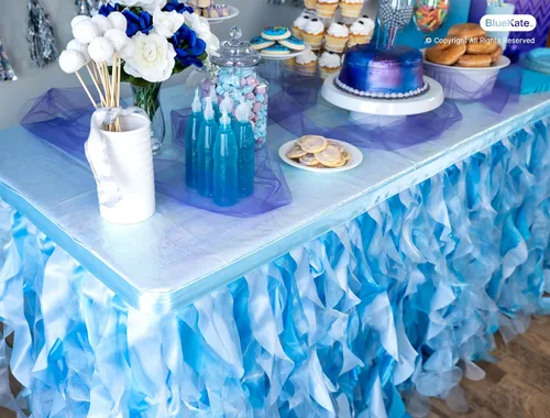 Miniatura 2 de Falda de mesa tutú azul. Falda de mesa de 6 pies con sauces de organza de doble capa para decoraciones bajo el mar, decoración de primer cumpleaños