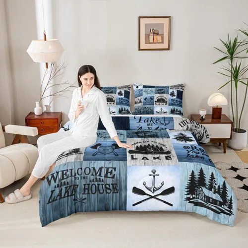 Miniatura 27 de Juego de edredón Lake House tamaño Twin, juego de ropa de cama náutica de navegación con ancla de 2 piezas para decoración de habitación de niños