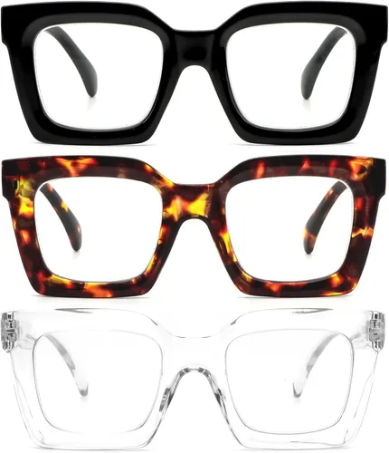Miniatura 9 de REAVEE - Paquete de 3 gafas de lectura de marco grueso sobredimensionado para mujeres con bloqueo de luz azul, elegantes gafas de lectura