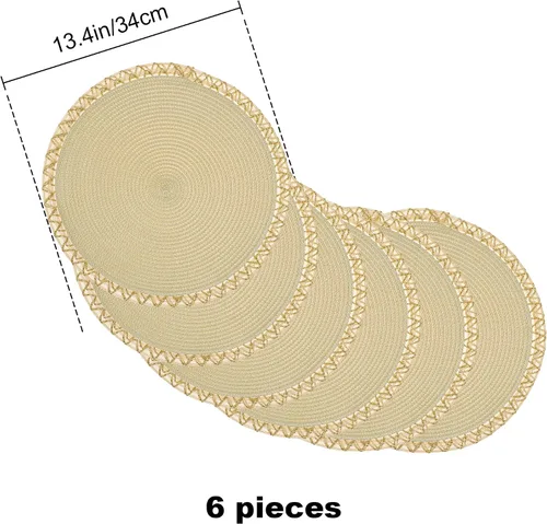 Miniatura 6 de fanquare Manteles individuales redondos de 13.4 pulgadas, manteles individuales beige con ribete dorado, lavables, trenzados, juego de 6 manteles