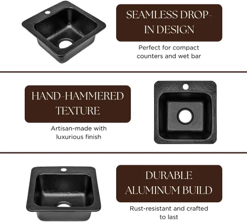 Miniatura 4 de Monarch Abode Fregadero de cocina y bar – Fregadero de barra pequeño Baxter de 15 pulgadas, fregadero de aluminio negro mate martillado a mano