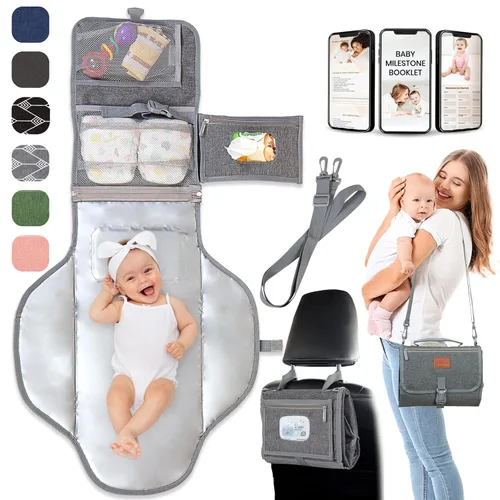 Miniatura 11 de Cambiador portátil para regalos de baby shower y regalos de nueva mamá, cambiador de pañales de viaje para recién nacidos, cambiador de pañales gris