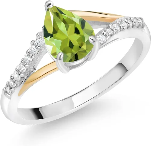 Miniatura 47 de Gem Stone King Anillo de compromiso de plata 925 y oro amarillo de 10 quilates, piedra natal con forma de pera de 0.315 x 0.236 in y diamantes
