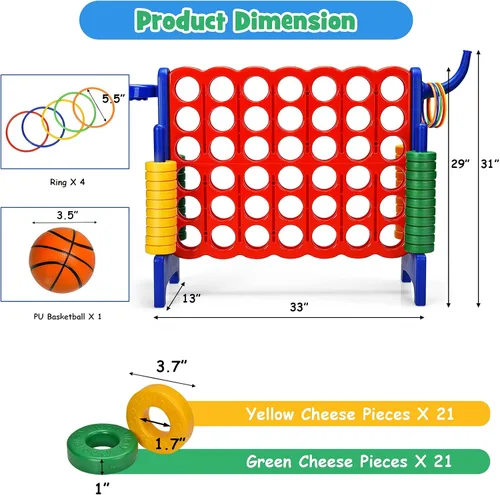 Miniatura 6 de COSTWAY Juego gigante gigante de 4 a puntuación para niños y adultos, juego de 2.5 pies para interiores y exteriores con aro de baloncesto, juego