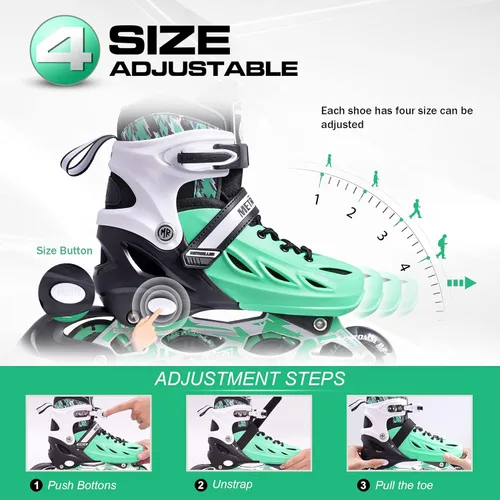 Miniatura 3 de METROLLER Patines en línea para niñas y niños, mujeres, hombres, 4 tallas ajustables, patines en línea con ruedas que se iluminan, patines Menta