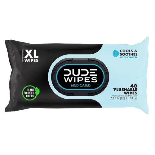 DUDE Toallitas – Toallitas desechables medicadas – 1 paquete, 48 toallitas – Toallitas húmedas extra grandes para adultos sin perfume – Hamamelis