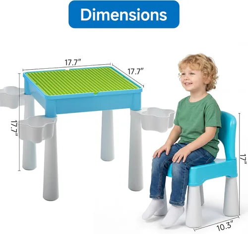 Miniatura 7 de Burgkidz Juego de mesa de actividades y sillas 5 en 1 con almacenamiento, 128 bloques de construcción compatibles con las principales marcas