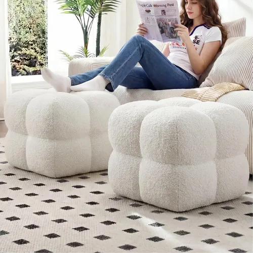 Miniatura 19 de Zesthouse Puf cuadrado otomano, moderna silla de tocador sin respaldo para dormitorio, taburete de lino beige, reposapiés tapizado para sofá, mesa