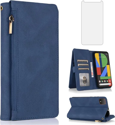 Asuwish Funda tipo cartera compatible con Google Pixel 4, protector de pantalla de vidrio templado y cremallera, de piel retro, soporte para Azul