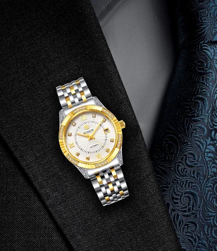 Miniatura 6 de BINLUN Reloj mecánico automático de oro para hombre, correa de cuerda automática respetuosa con la piel, chapado en oro de 18 quilates, relojes