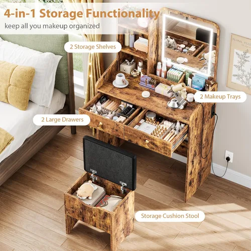 Miniatura 5 de GarveeHome Escritorio de tocador con espejo de luz LED y estación de carga, pequeño juego de mesa de tocador de maquillaje con cajones