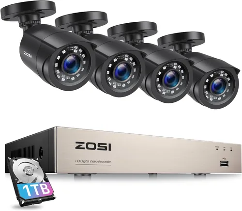 ZOSI Sistema de cámara CCTV para exteriores de 8 canales con detección de vehículos humanos AI, grabadora DVR Lite H.265+ de 5MP con disco duro de 1