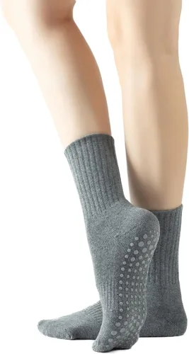 Yoga Pilates Socks with Grips for Women Non Slip Solid Colored Fleece Cushioned Mid Calf Crew Socks for Barre Ballet Dance