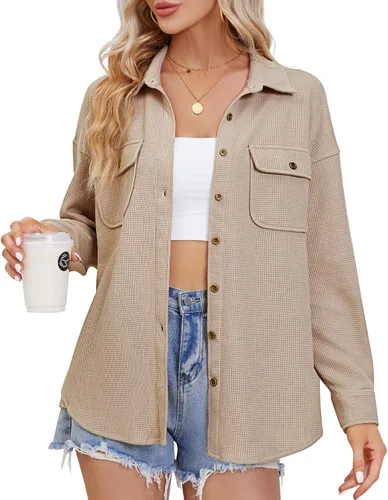 Miniatura 2 de Fengbay Chaqueta de punto gofre para mujer, casual, manga larga, con botones, blusas elegantes