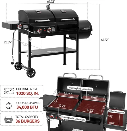 Miniatura 2 de Parrilla de gas y carbón combinada de 2 quemadores con ahumador lateral y quemador lateral, parrilla de combustible dual de 34.000 BTU, área