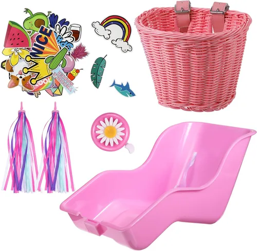 Miniatura 9 de Aurelema Asiento de bicicleta de muñeca con 30 calcomanías de calcomanías, cesta de bicicleta para niños, manillar de bicicleta, cintas coloridas