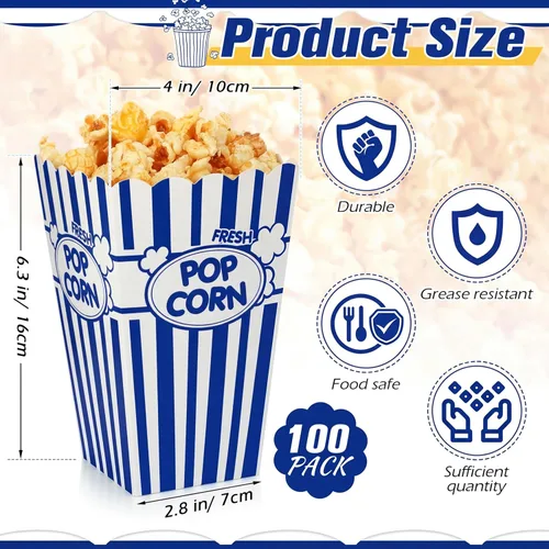 Miniatura 2 de Xinnun 100 piezas Cajas de palomitas de maíz 32 oz Cubos de papel clásicos con rayas desechables a prueba de aceite Caja abierta retro para Azul