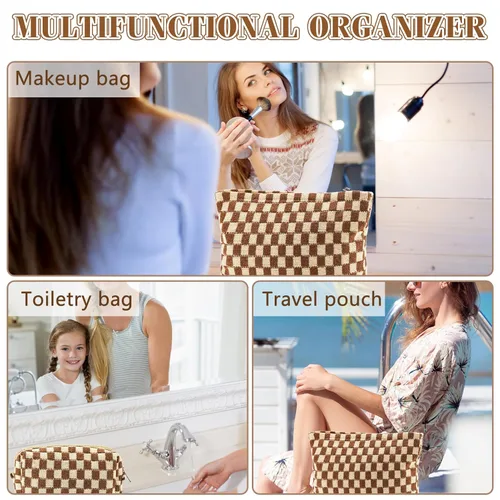 Miniatura 3 de ZLFSRQ Bolsa de maquillaje a cuadros para mujer, grande y pequeña, juego de bolsa de cosméticos a cuadros, bolsas de aseo de viaje, bolsa