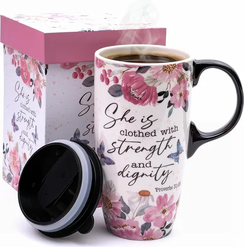 Miniatura 13 de Topadorn Taza de viaje de cerámica de 17 onzas con tapa y asa a prueba de derrames, apta para microondas y lavavajillas, regalo para hombres